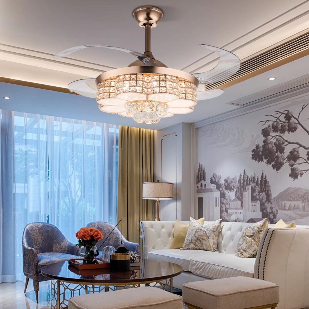 HomeRoots Art Deco Glam Chandelier And Retractable Fan in Gold Finish