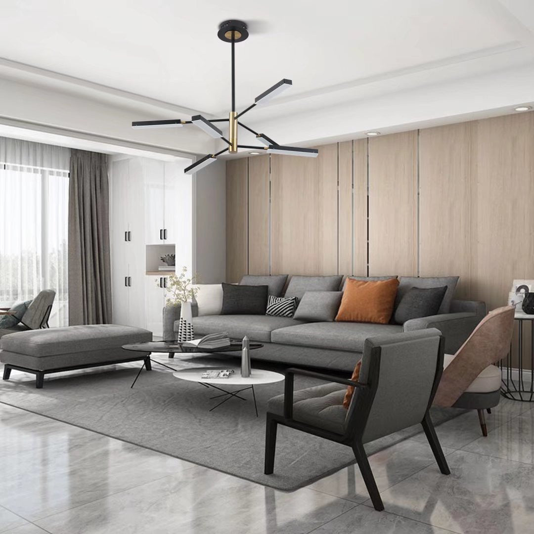 HomeRoots Asymmetric Six Light Ceiling Light in Black and Gold Finish