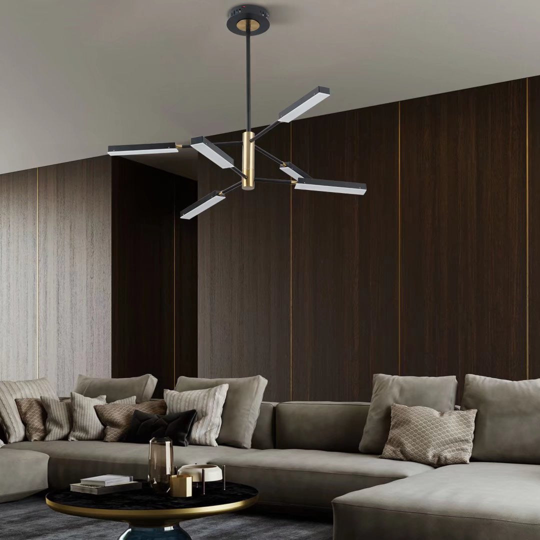HomeRoots Asymmetric Six Light Ceiling Light in Black and Gold Finish