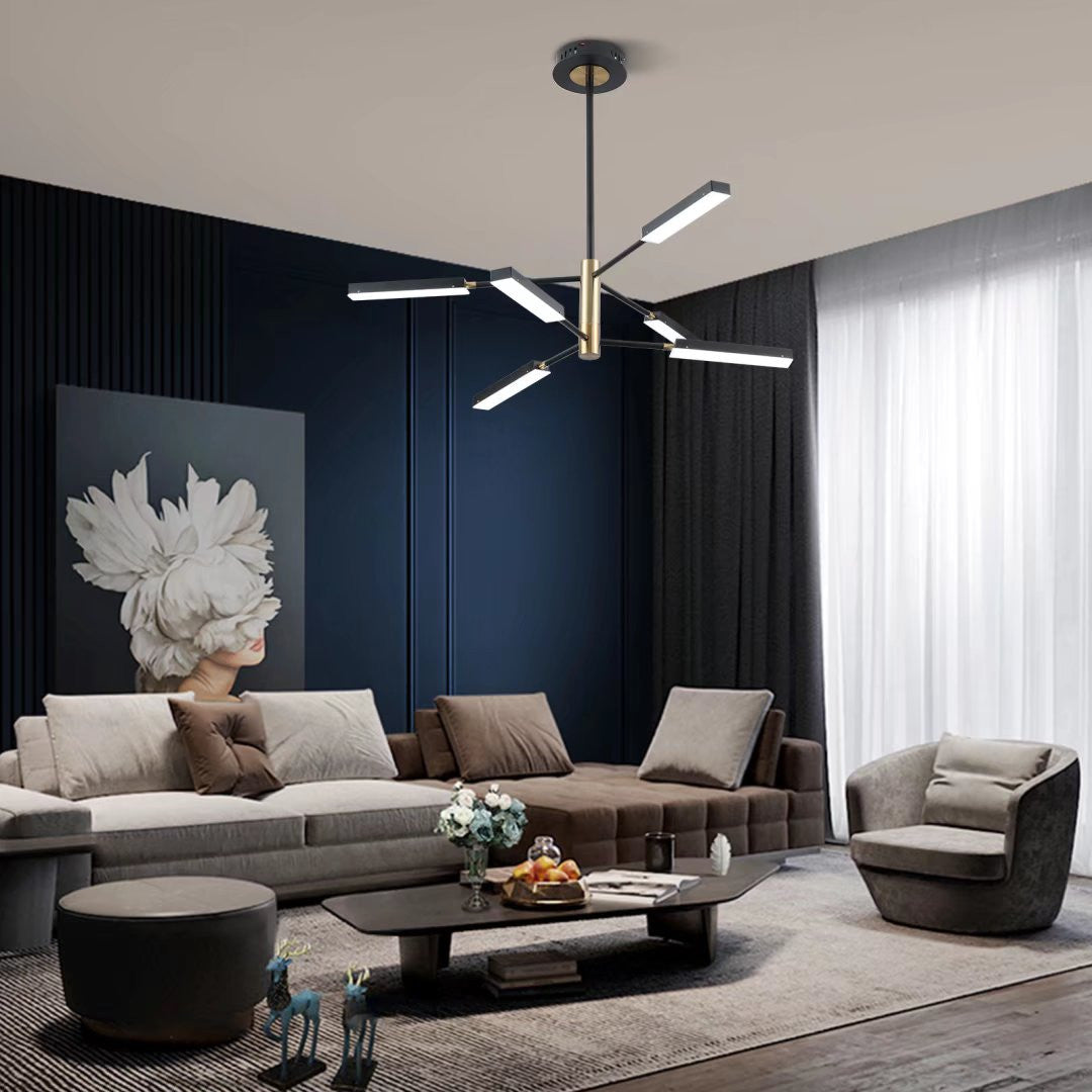 HomeRoots Asymmetric Six Light Ceiling Light in Black and Gold Finish