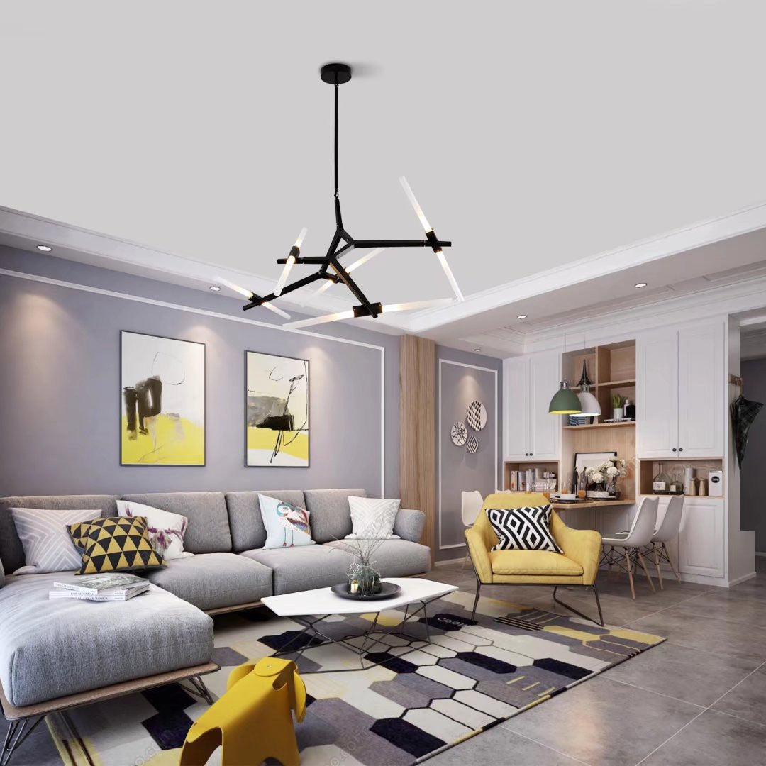 HomeRoots Asymmetric Ten Light Modern Chandelier in Black Metal Finish