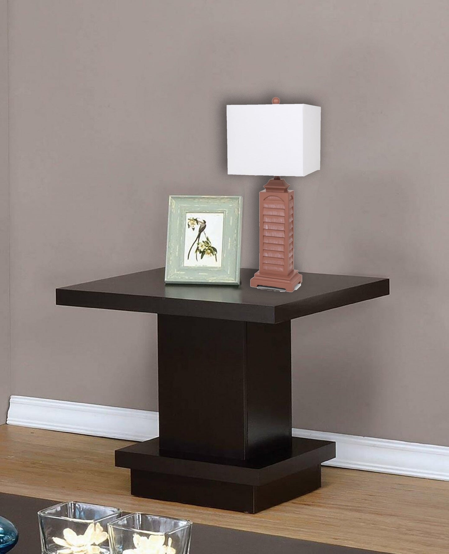 HomeRoots Blush Red Slatted Table Lamps With Square Shade in Set of Two