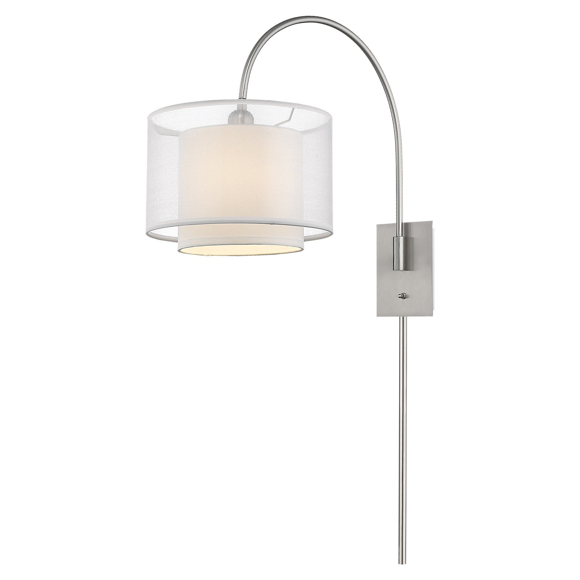HomeRoots Brella 1-Light Brushed Nickel Swivel Wall Lamp With Sheer Snow Shantung Two Tier Shade