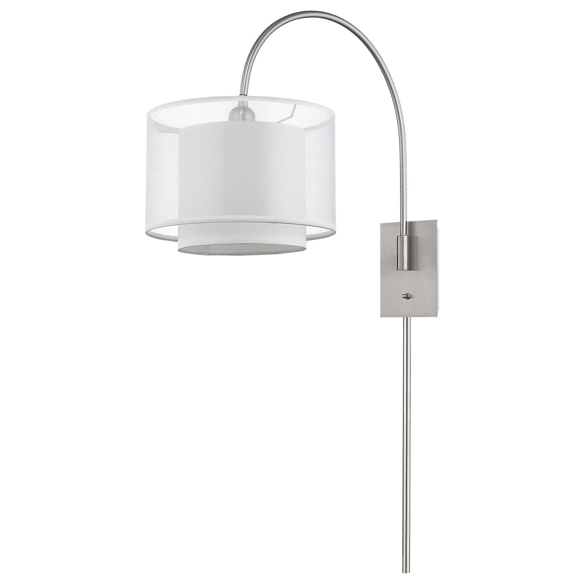HomeRoots Brella 1-Light Brushed Nickel Swivel Wall Lamp With Sheer Snow Shantung Two Tier Shade