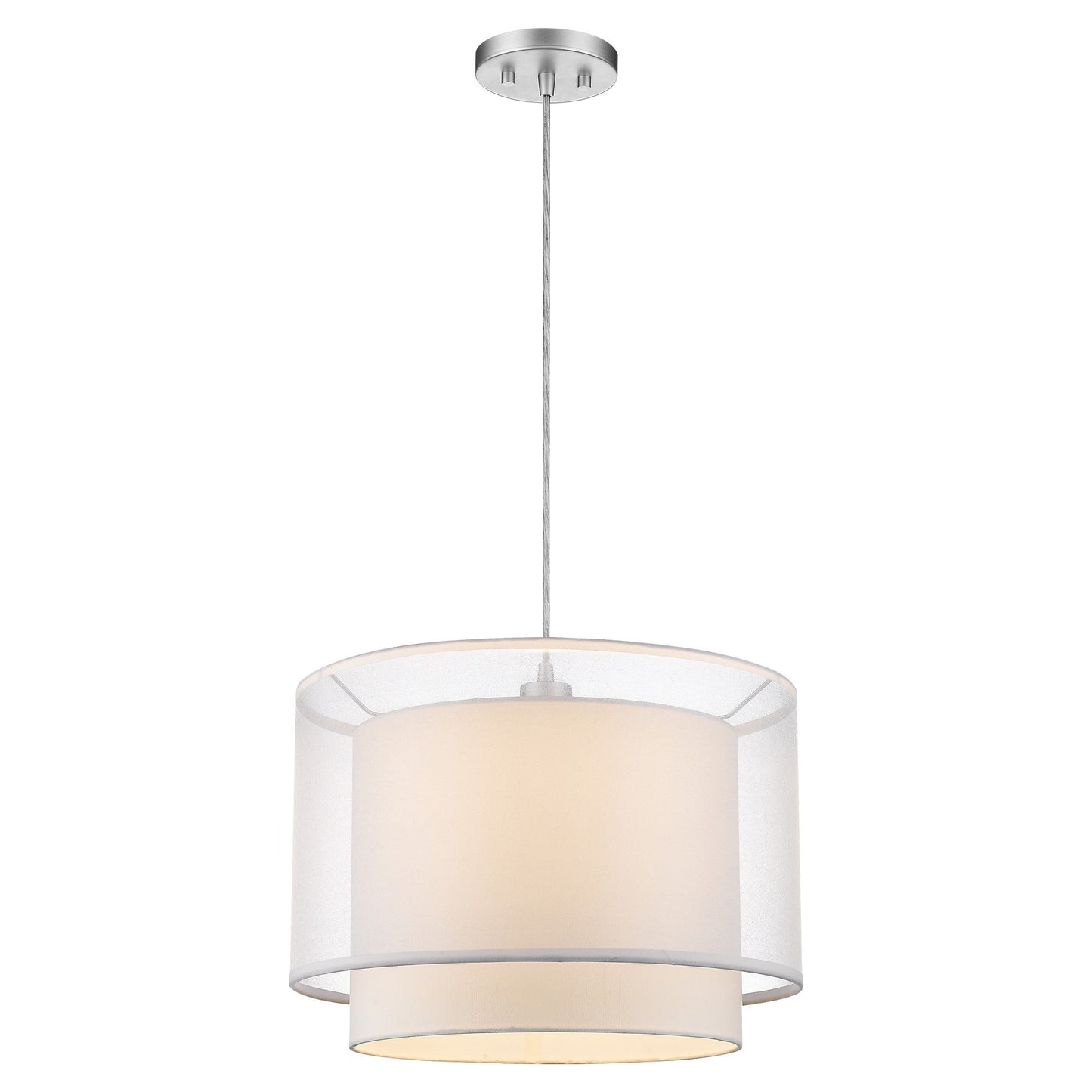 HomeRoots Brella 1-Light Metallic Silver Pendant With Sheer Snow Shantung Two Tier Shade