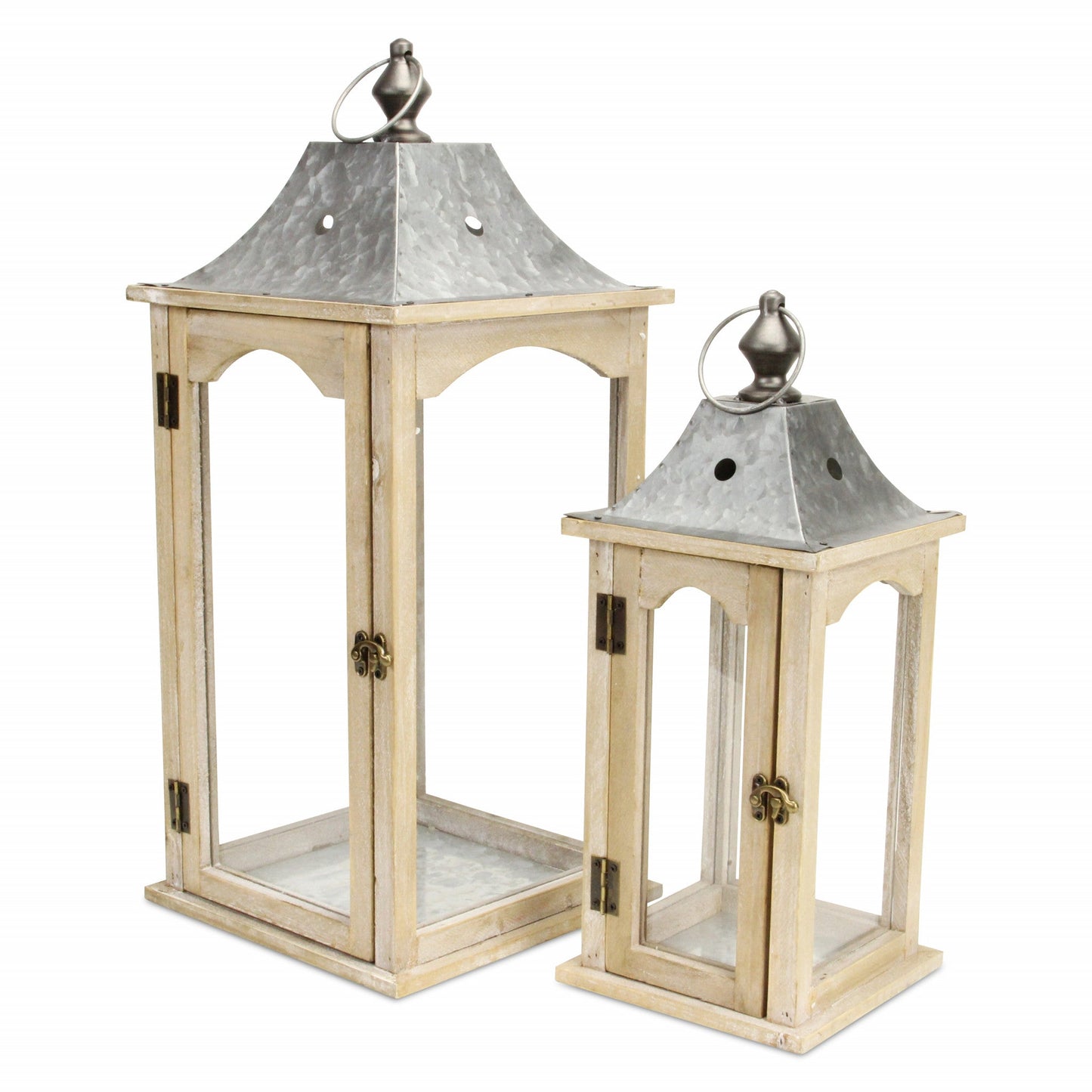 HomeRoots Brown Wood finished Frame Glass and Metal Top Lanterns in Set of Two