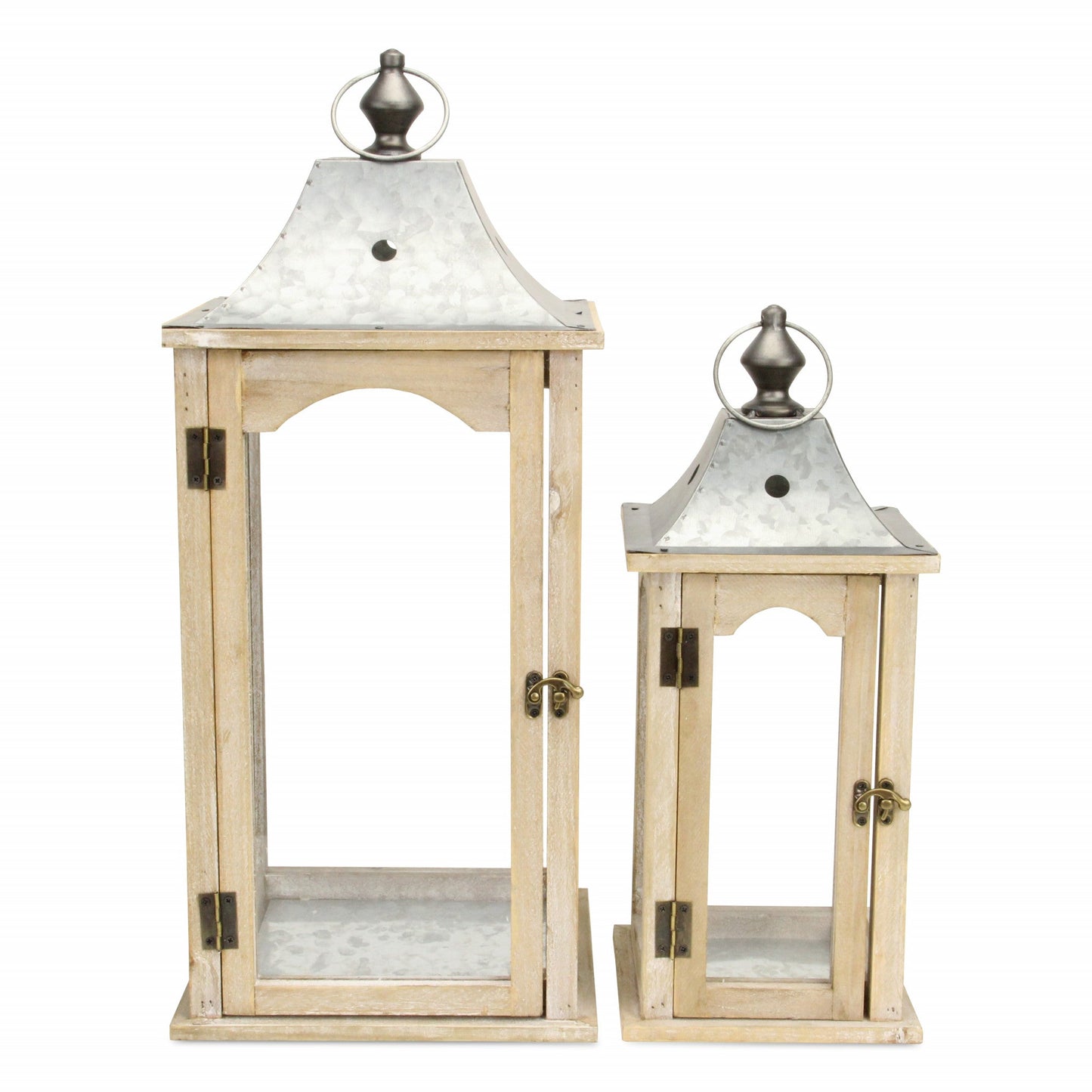 HomeRoots Brown Wood finished Frame Glass and Metal Top Lanterns in Set of Two