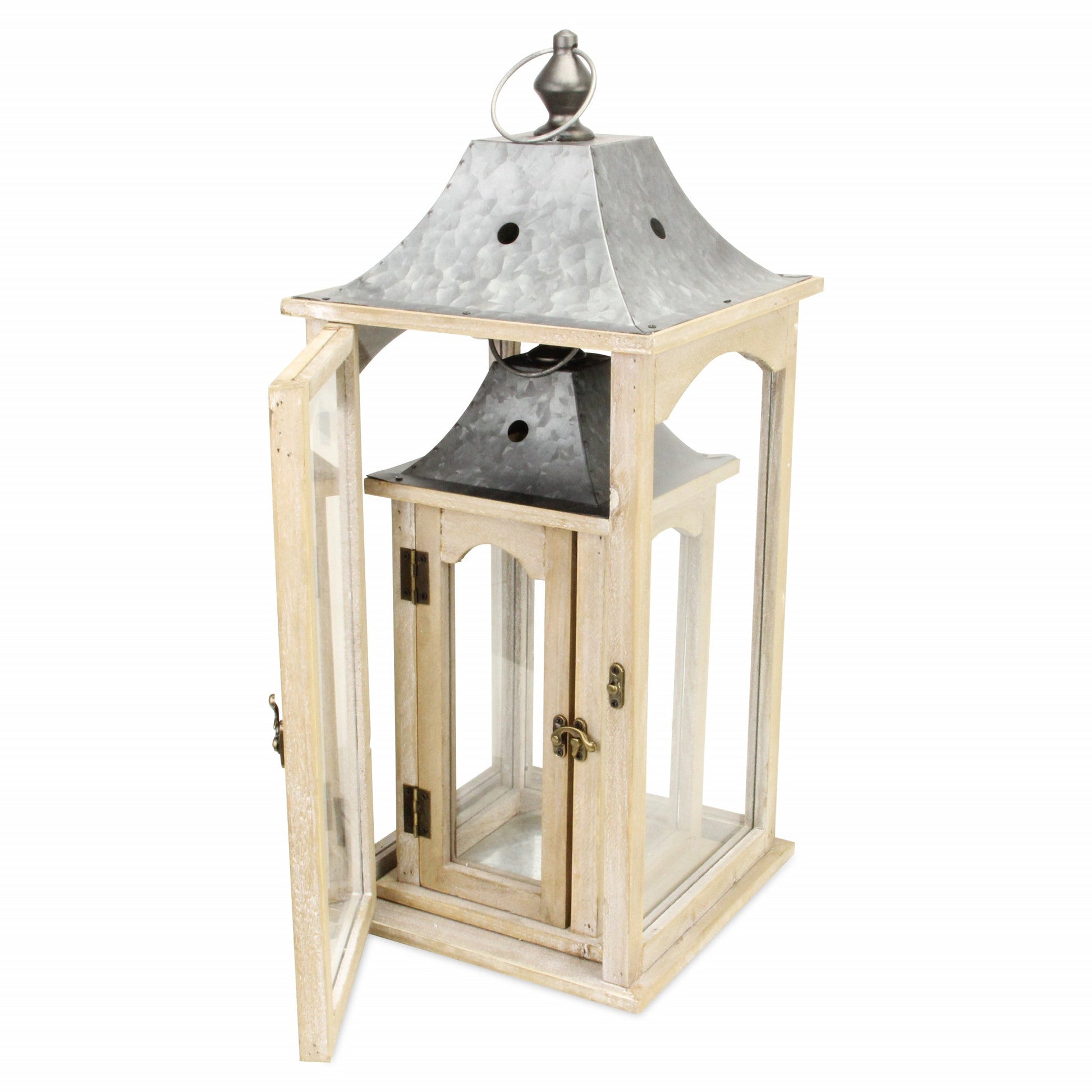 HomeRoots Brown Wood finished Frame Glass and Metal Top Lanterns in Set of Two