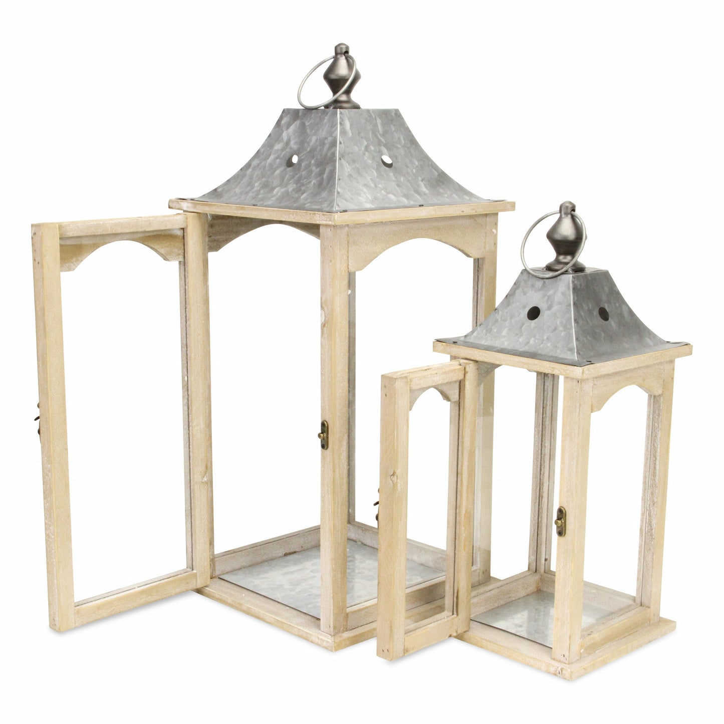 HomeRoots Brown Wood finished Frame Glass and Metal Top Lanterns in Set of Two
