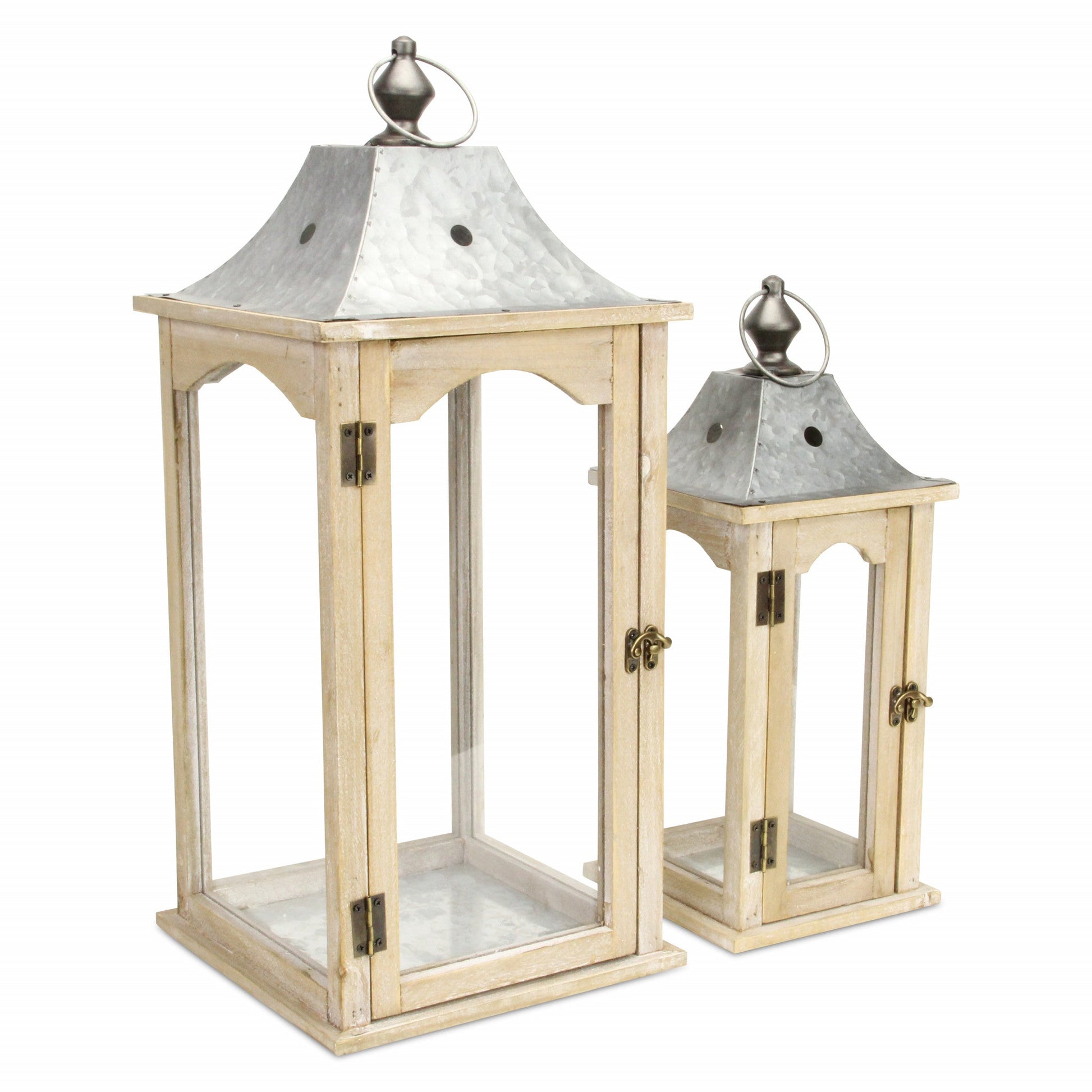 HomeRoots Brown Wood finished Frame Glass and Metal Top Lanterns in Set of Two