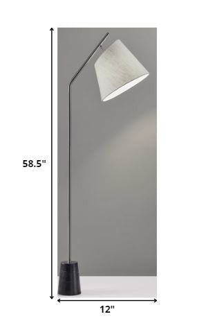 HomeRoots Brushed Steel Floor Lamp With Black Marble Block Base and Angled White Linen Shade