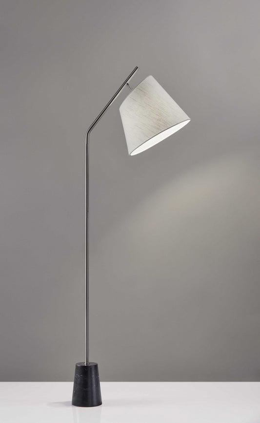 HomeRoots Brushed Steel Floor Lamp With Black Marble Block Base and Angled White Linen Shade