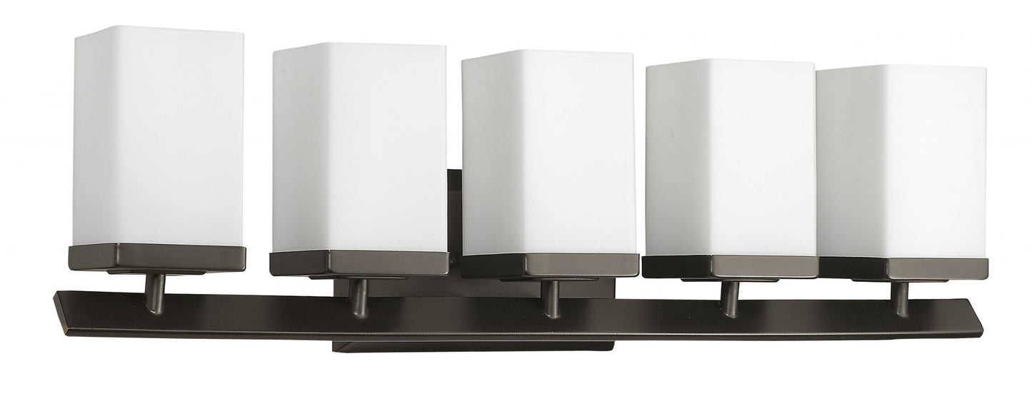 HomeRoots Burgundy 5-Light Vanity Light With Etched Glass Shades and Oil Rubbed Bronze Finish