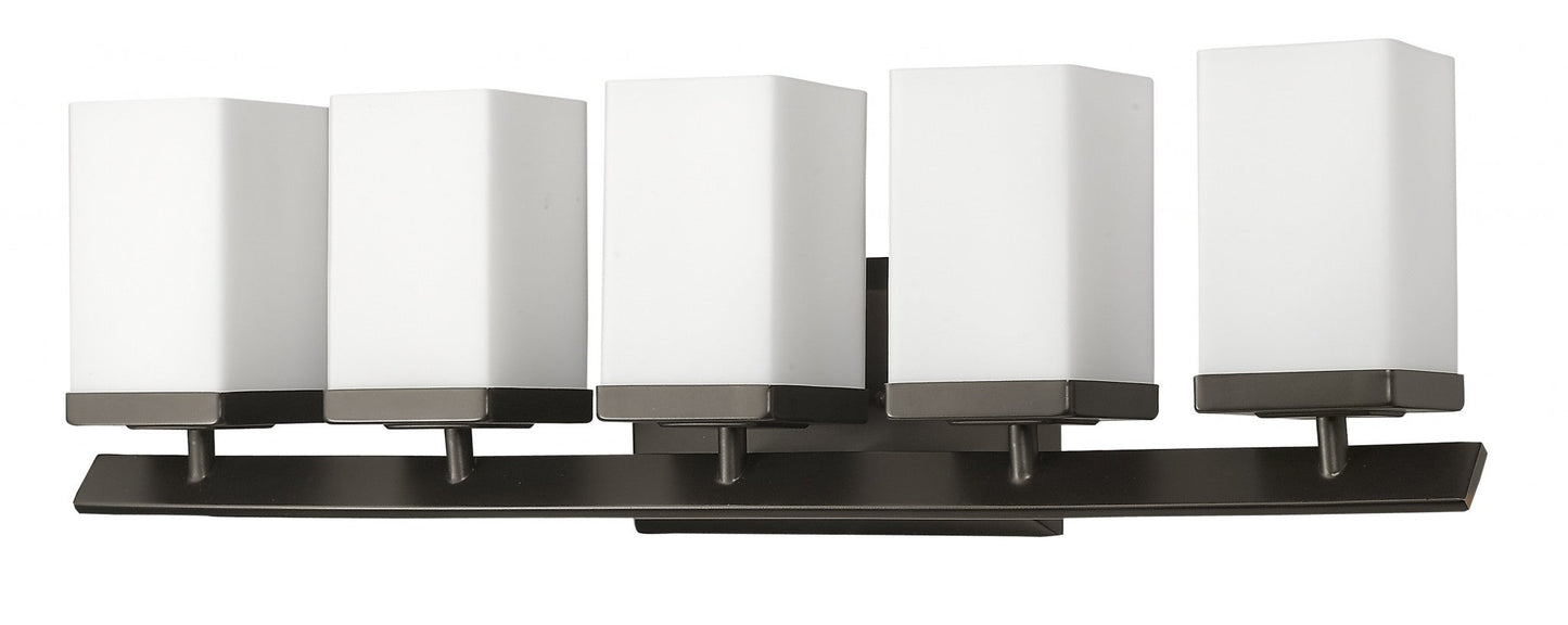 HomeRoots Burgundy 5-Light Vanity Light With Etched Glass Shades and Oil Rubbed Bronze Finish