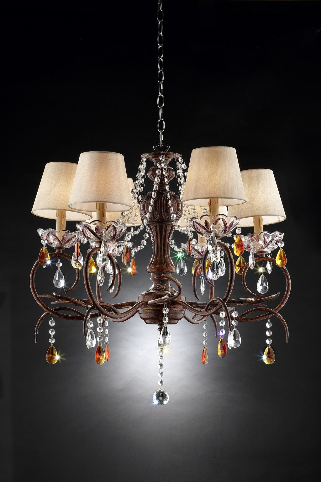 HomeRoots Burnished Bronze Hanging Ceiling Lamp With Clear and Amber Crystals