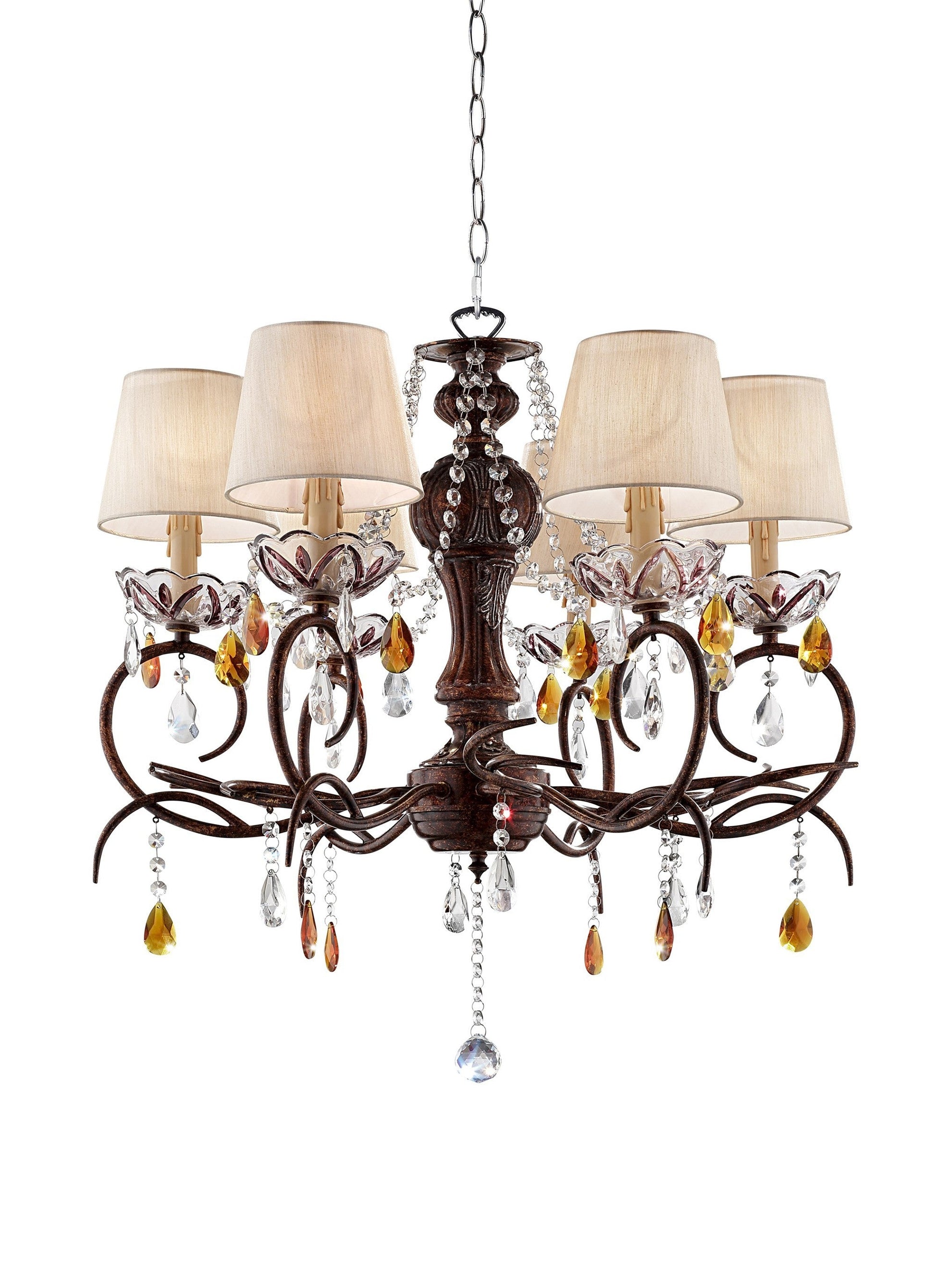 HomeRoots Burnished Bronze Hanging Ceiling Lamp With Clear and Amber Crystals