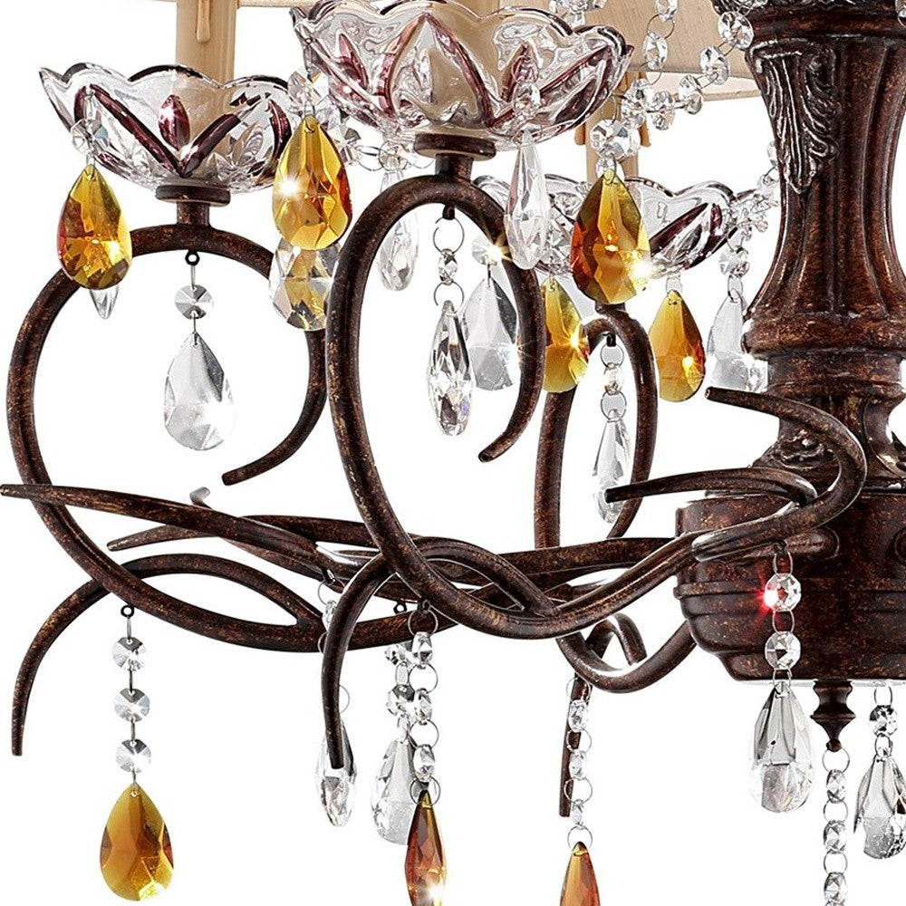 HomeRoots Burnished Bronze Hanging Ceiling Lamp With Clear and Amber Crystals