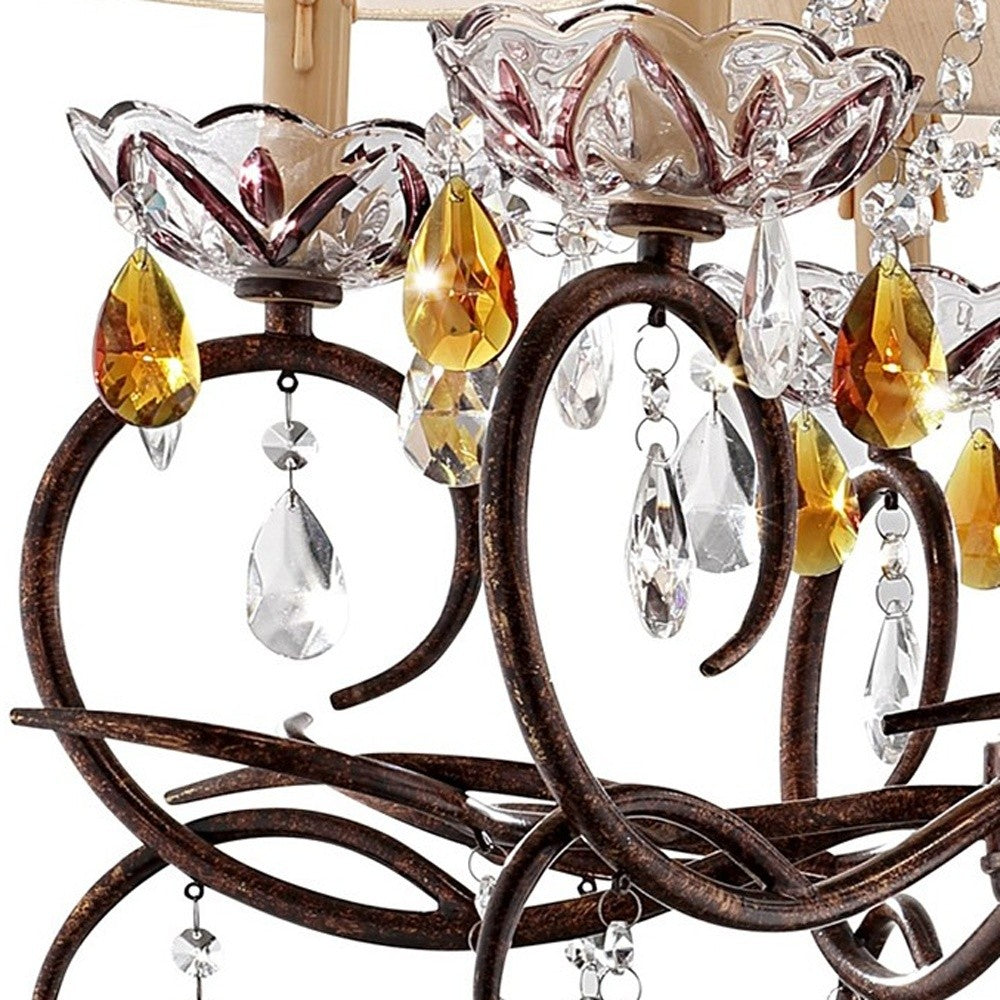 HomeRoots Burnished Bronze Hanging Ceiling Lamp With Clear and Amber Crystals