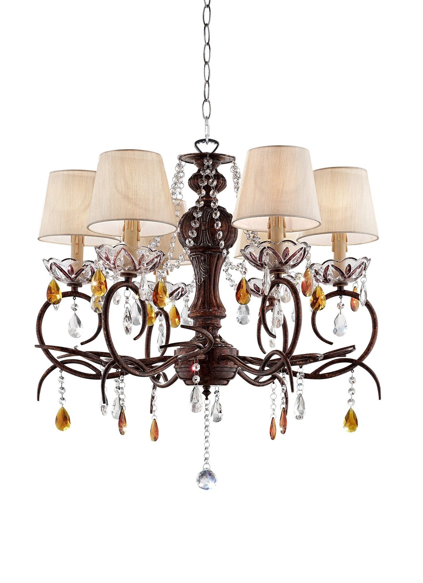 HomeRoots Burnished Bronze Hanging Ceiling Lamp With Clear and Amber Crystals