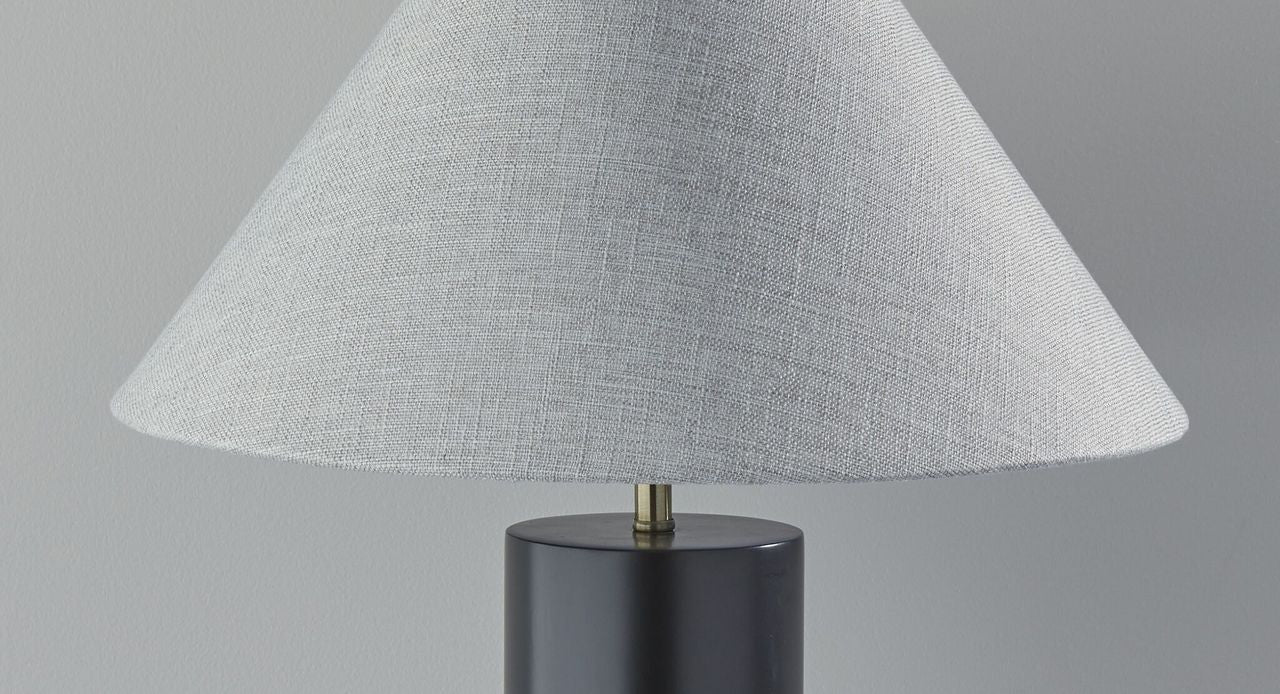 HomeRoots Canopy Wood Block Table Lamp With Light Gray Shade and Black Finish