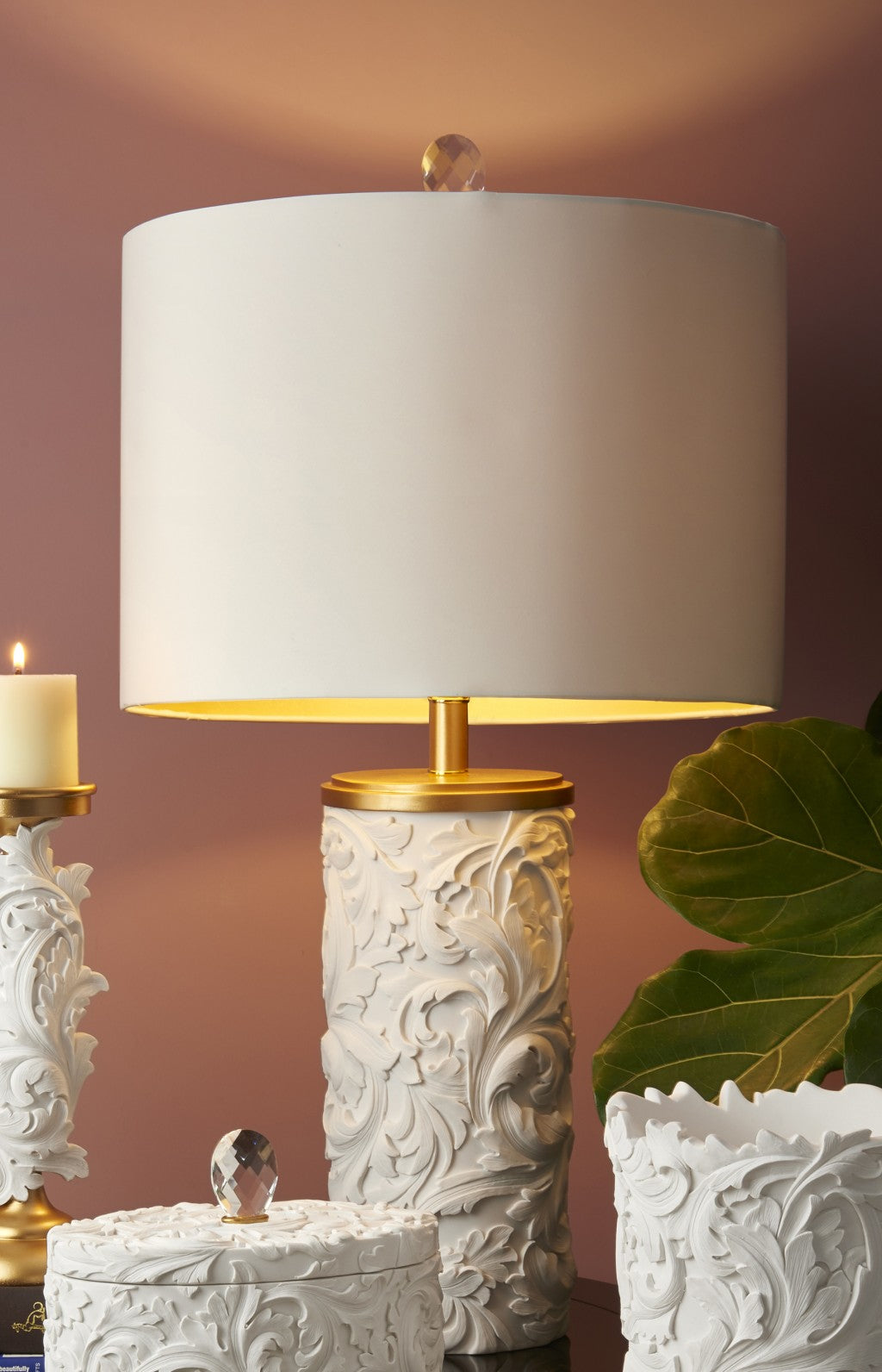 HomeRoots Carved Table Lamp in White and Gold Finish