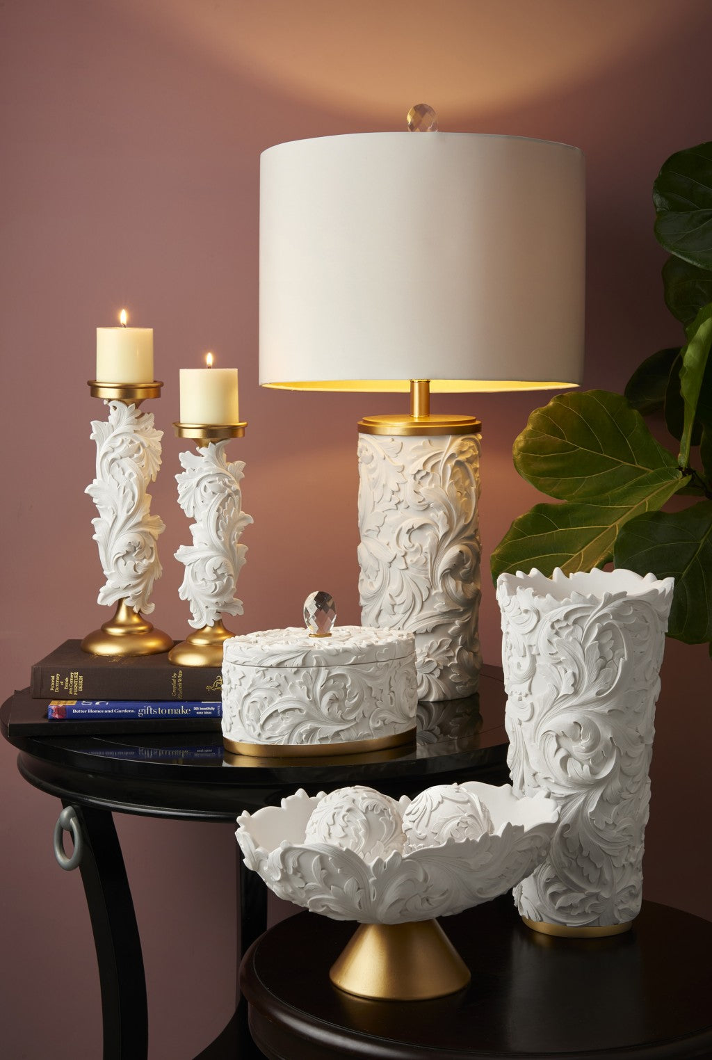 HomeRoots Carved Table Lamp in White and Gold Finish