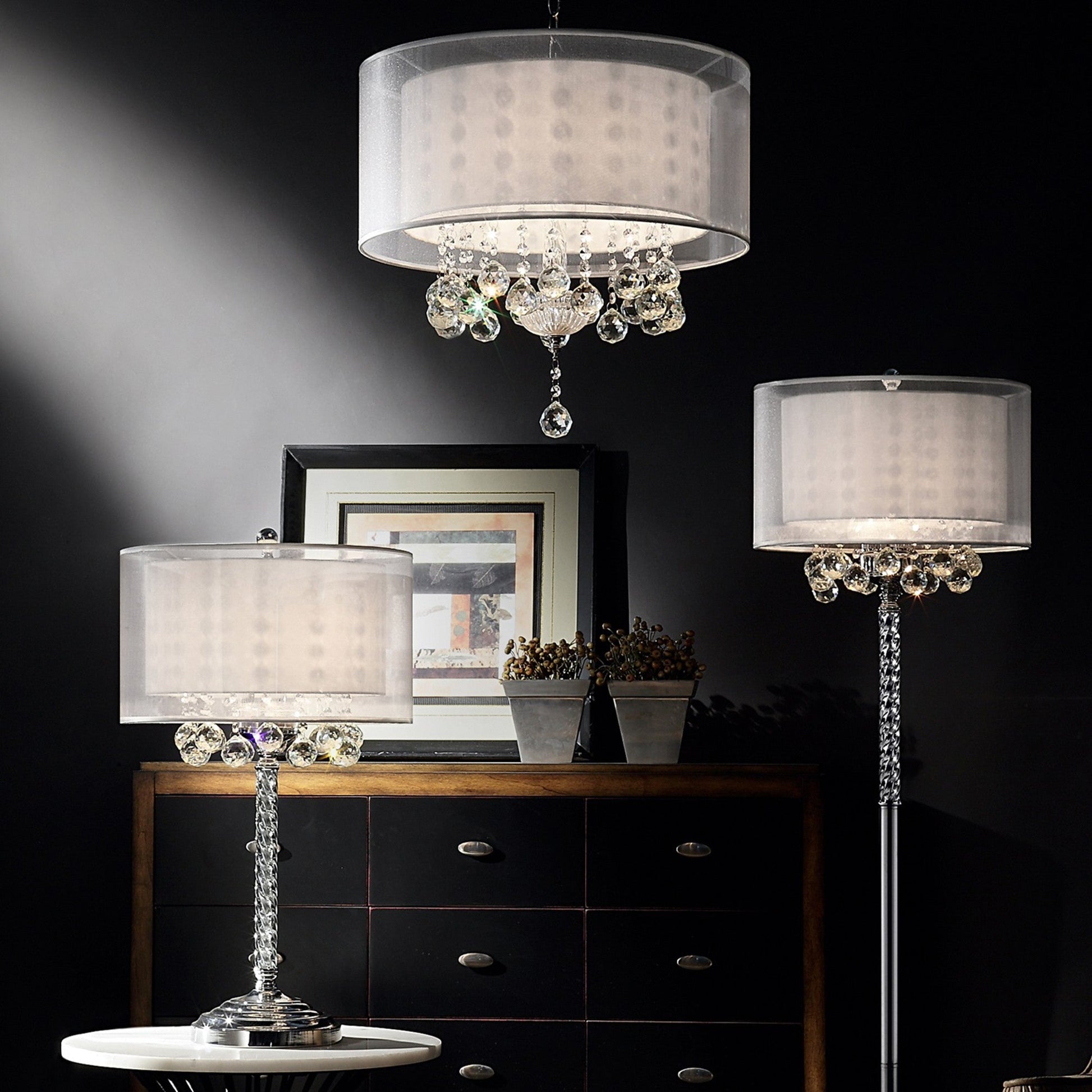 HomeRoots Chic Silver Tall Table Lamp With Crystal Accents and Silver Shade
