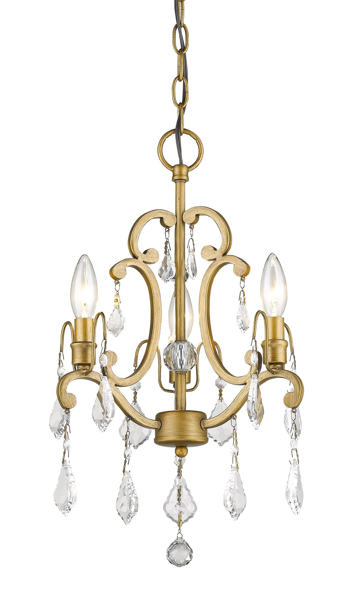 HomeRoots Claire 3-Light Antique Gold Convertible Mini Chandelierto Semi-Flush Mount With Crystal Accents