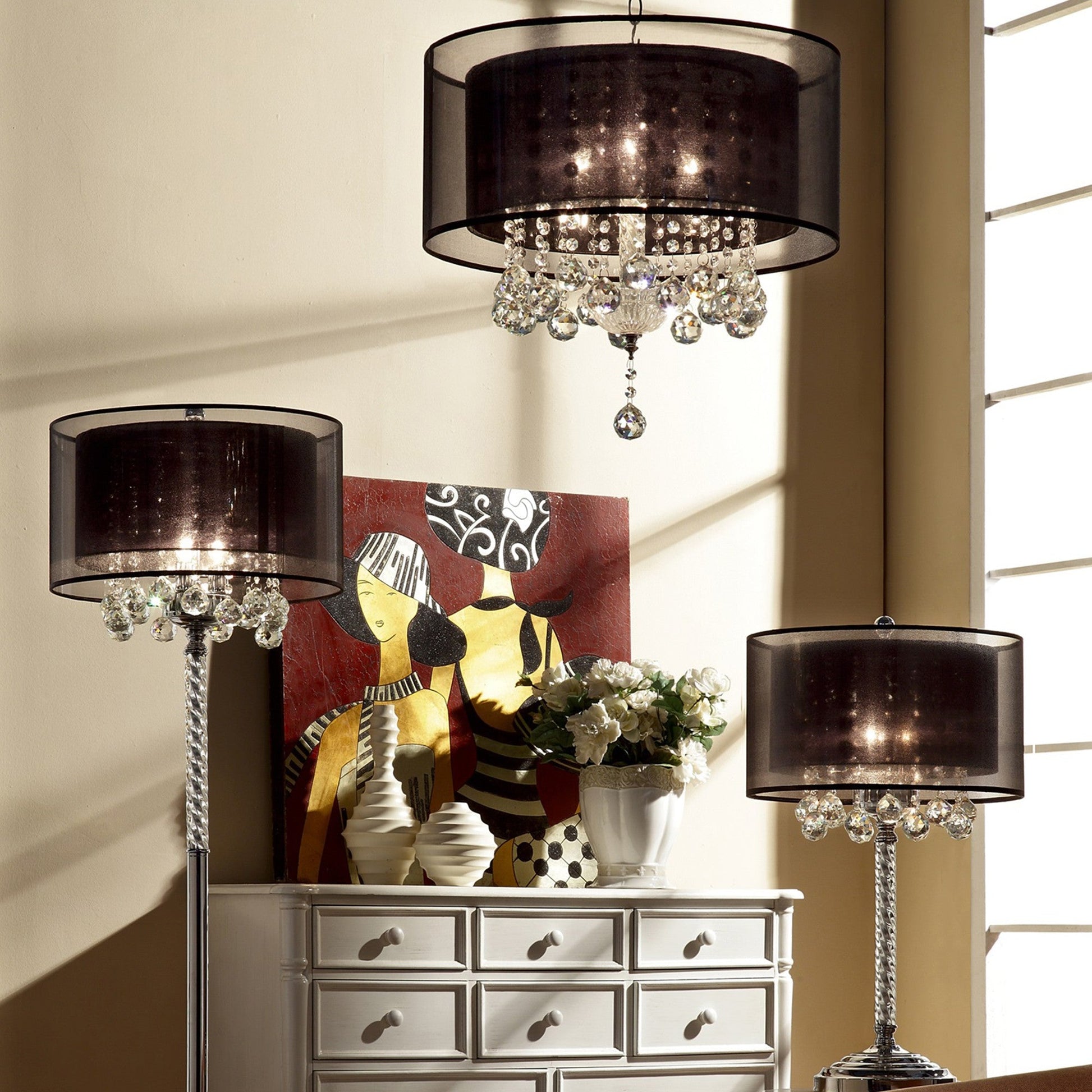 HomeRoots Contempo Silver Table Lamp with Black Shade and Crystal Accents
