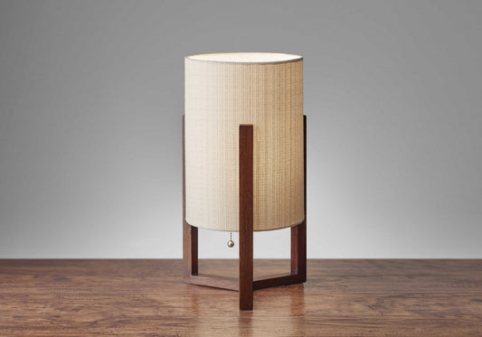 HomeRoots Cylindrical Table Lamp With Linen Shade in Walnut Wood Finish