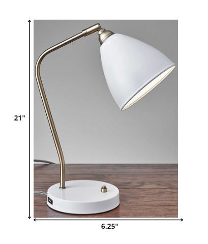 HomeRoots Desk Lamp With Adjustable USB Port in White Metal and Antique Brass Finish