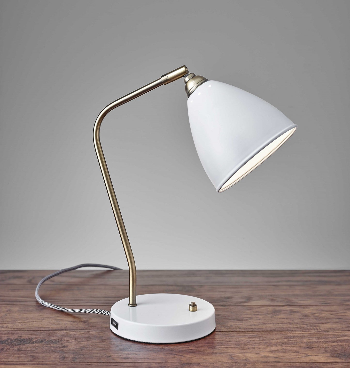 HomeRoots Desk Lamp With Adjustable USB Port in White Metal and Antique Brass Finish