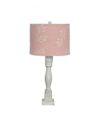 HomeRoots Distressed White Table Lamp With Olive Branch Pink Shade