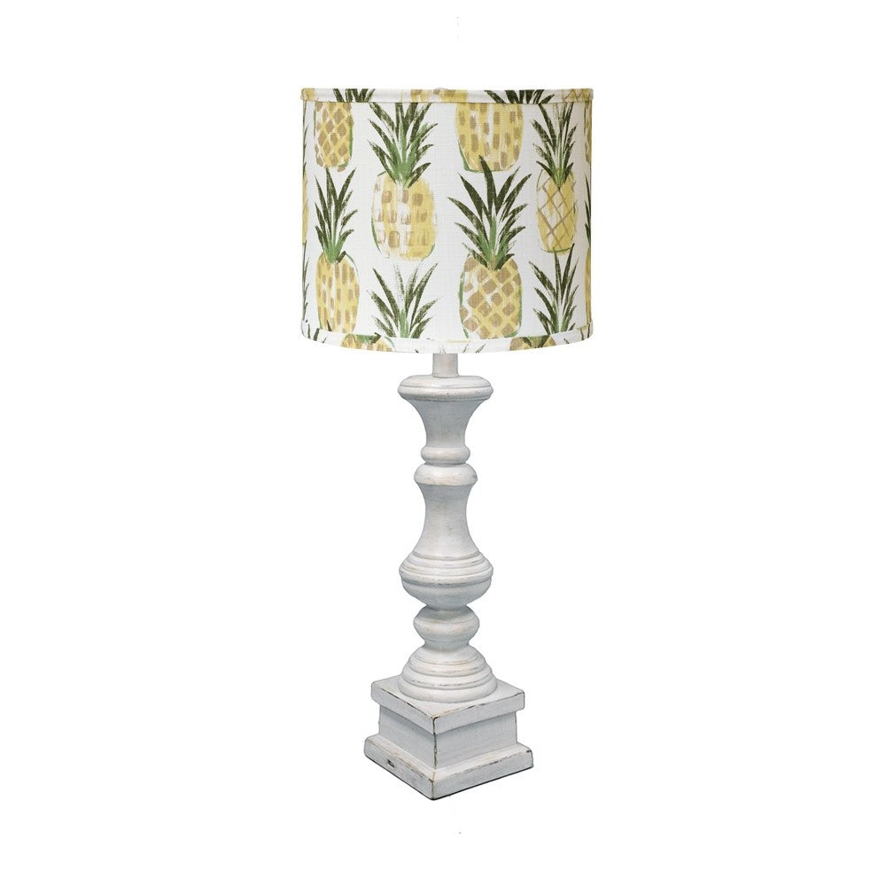 HomeRoots Distressed Whitewash Candlestick Table Lamp With White Pineapple Shade