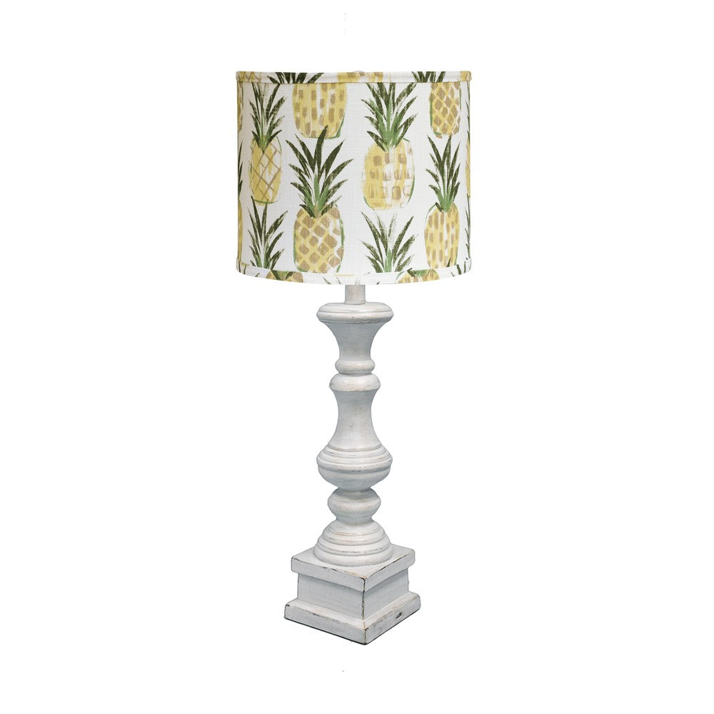 HomeRoots Distressed Whitewash Candlestick Table Lamp With White Pineapple Shade
