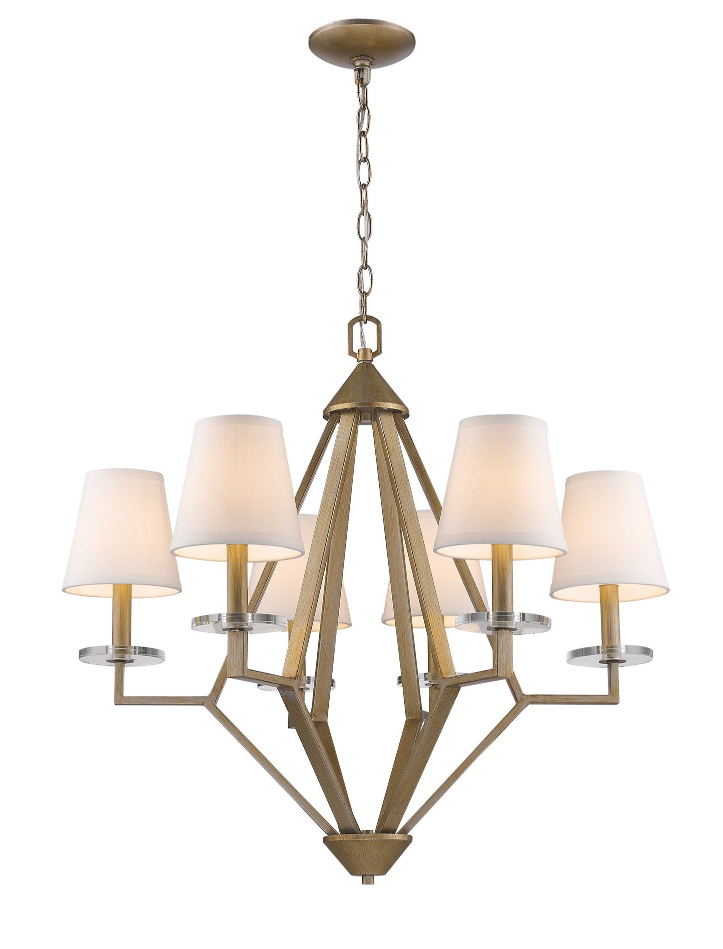 HomeRoots Easton 6-Light Chandelier With Crystal Bobeches And White Fabric Shades in Washed Gold Finish