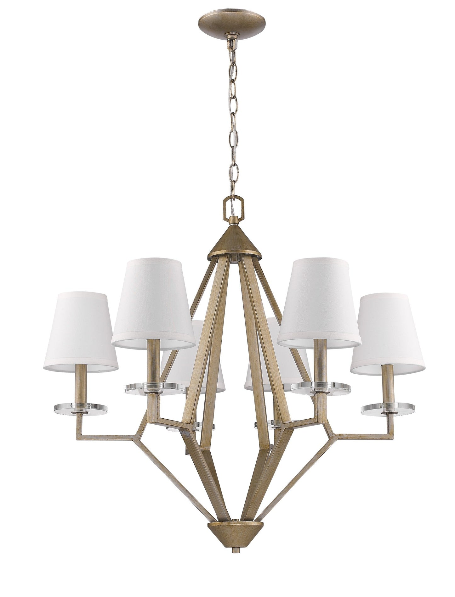HomeRoots Easton 6-Light Chandelier With Crystal Bobeches And White Fabric Shades in Washed Gold Finish