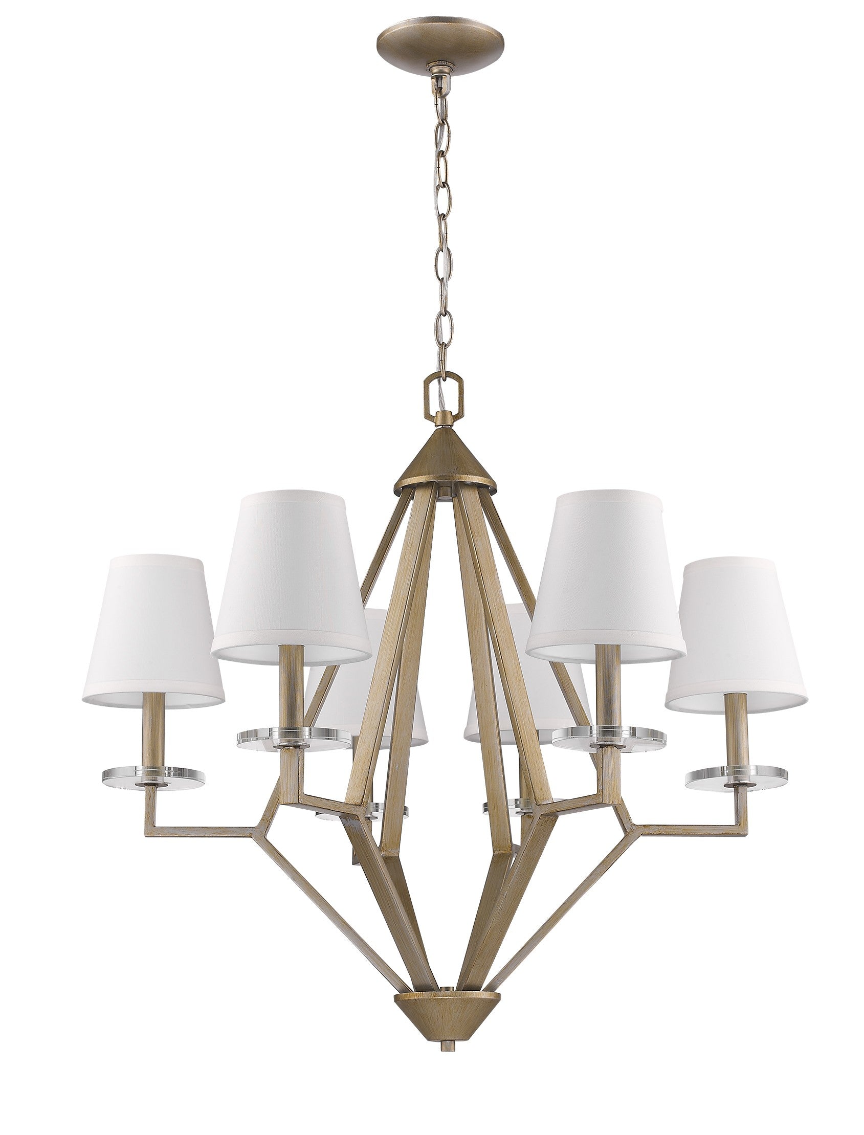 HomeRoots Easton 6-Light Chandelier With Crystal Bobeches And White Fabric Shades in Washed Gold Finish