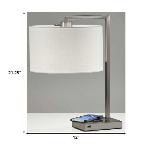 HomeRoots Enhanced Tech Charging Metal Table Lamp With Brushed Steel Finish