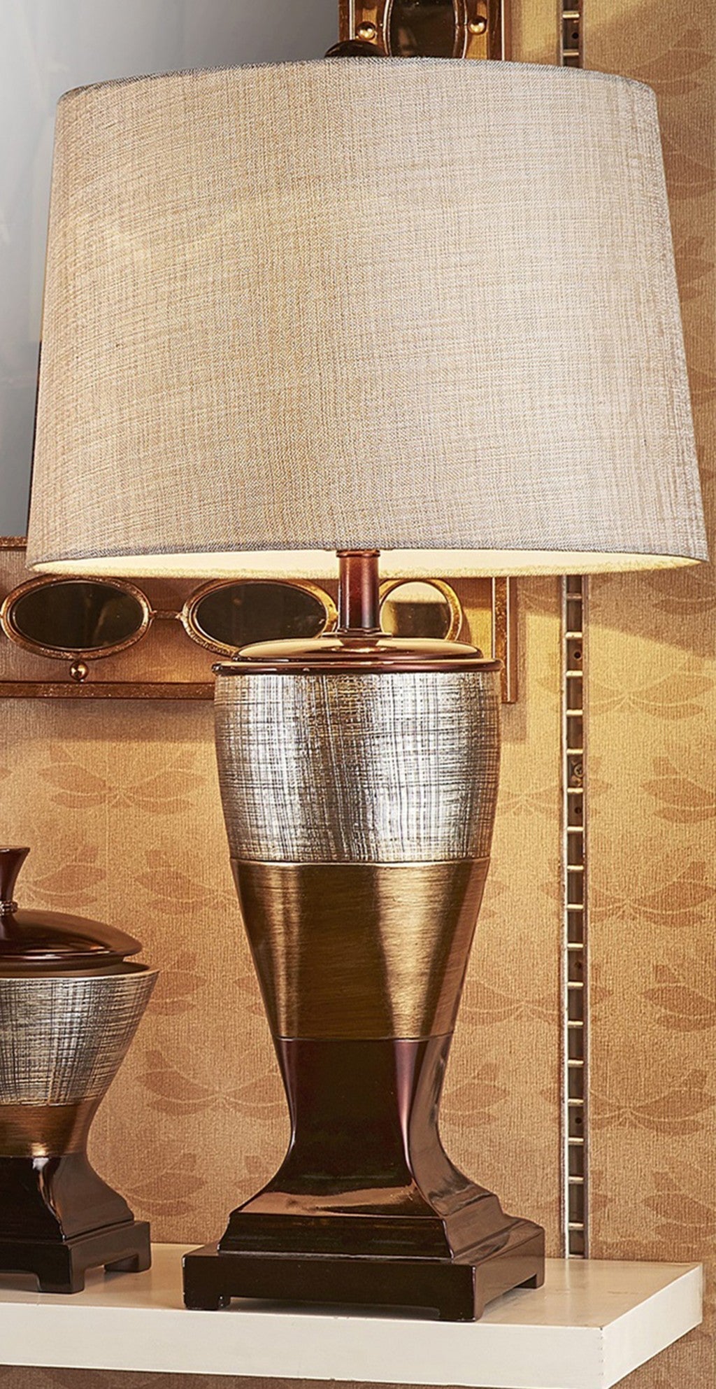 HomeRoots Exotic Wide Stripe Table Lamp in Brown and Gold Finish