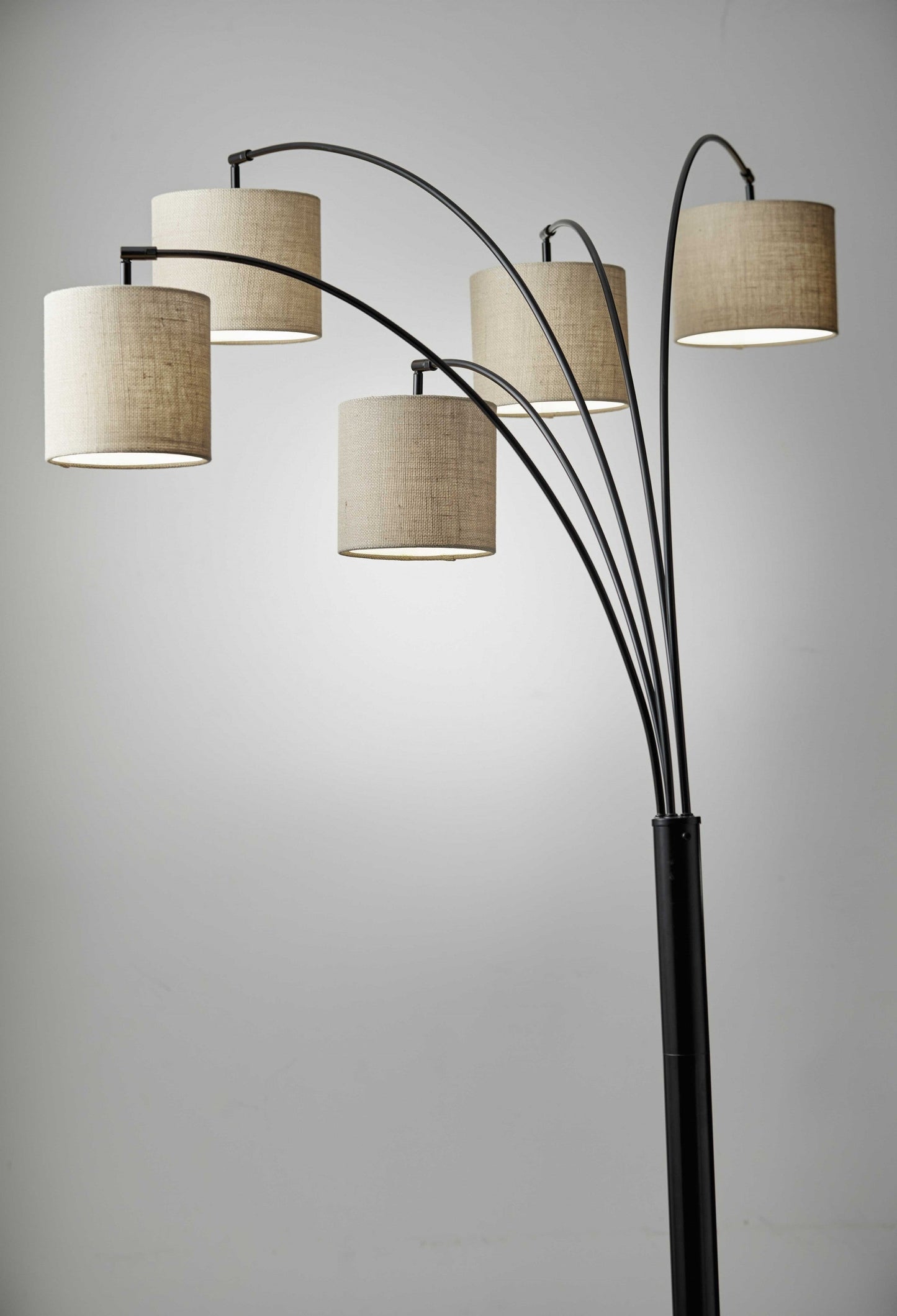 HomeRoots Five Light Floor Lamp With Arc Arms and Petite Burlap Drum Shades in Bronze Metal Finish