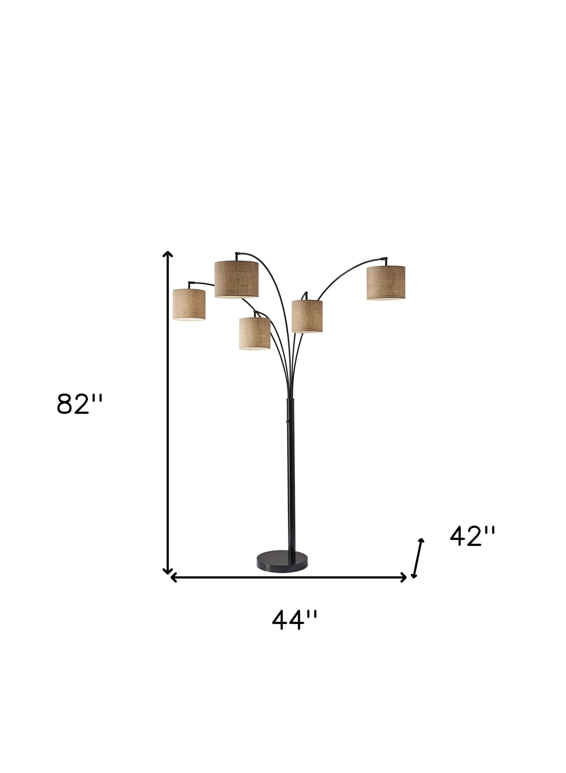 HomeRoots Five Light Floor Lamp With Arc Arms and Petite Burlap Drum Shades in Bronze Metal Finish