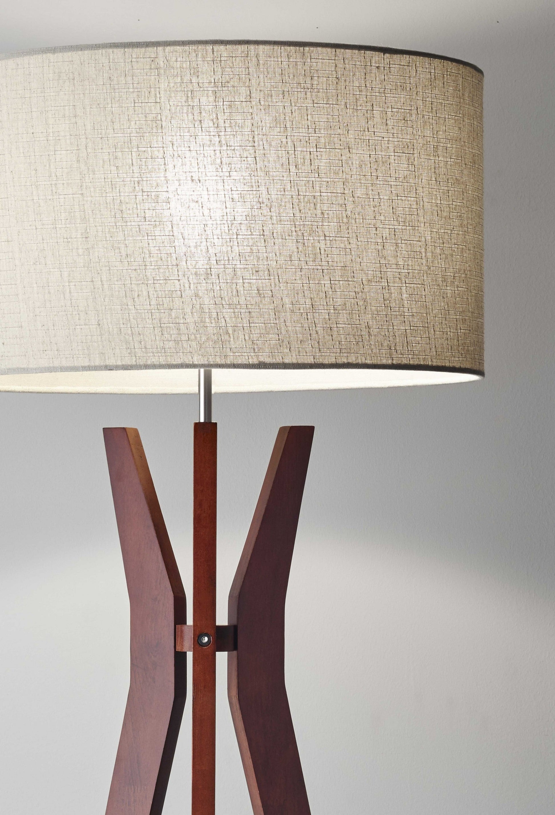 HomeRoots Floor Lamp Tripod Base With Shelf in Walnut Wood Finish