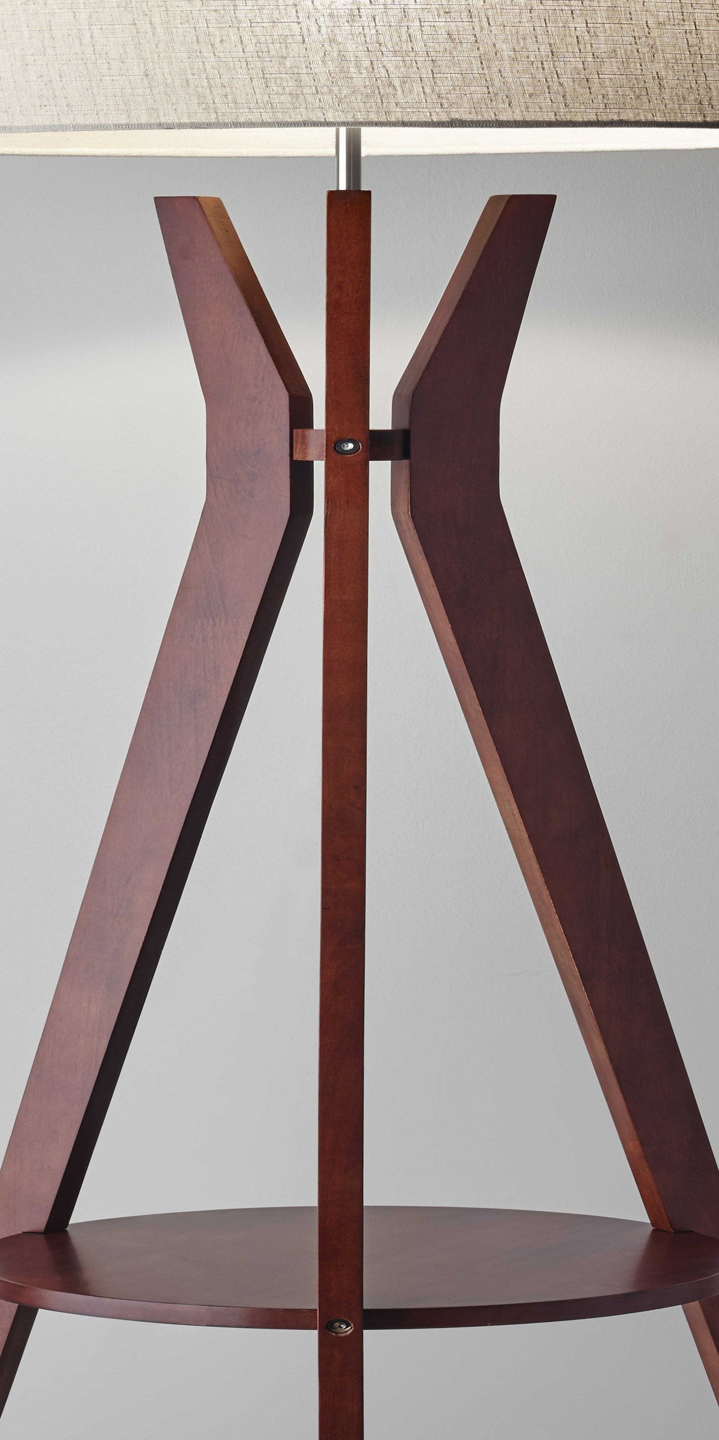 HomeRoots Floor Lamp Tripod Base With Shelf in Walnut Wood Finish