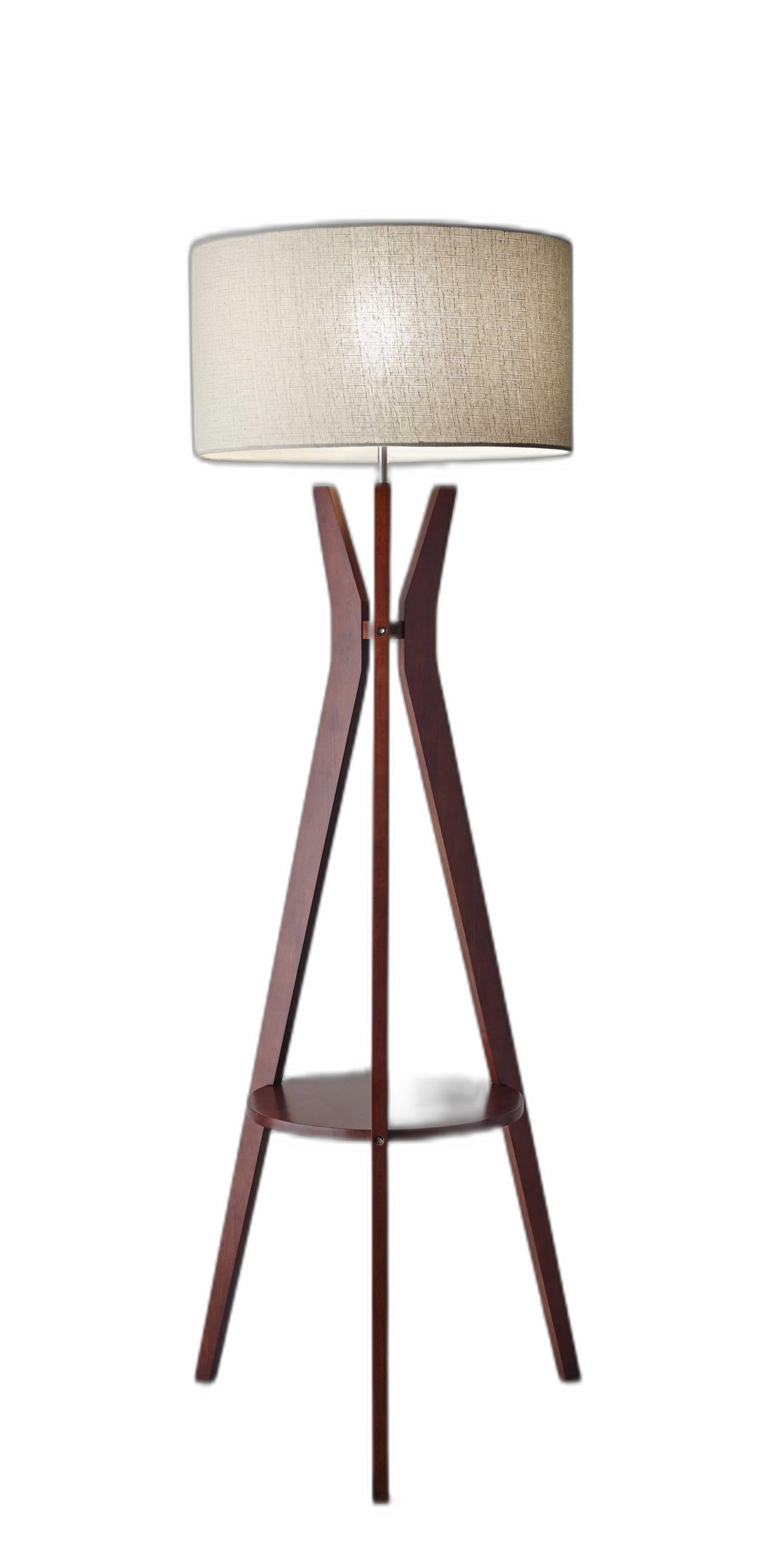 HomeRoots Floor Lamp Tripod Base With Shelf in Walnut Wood Finish