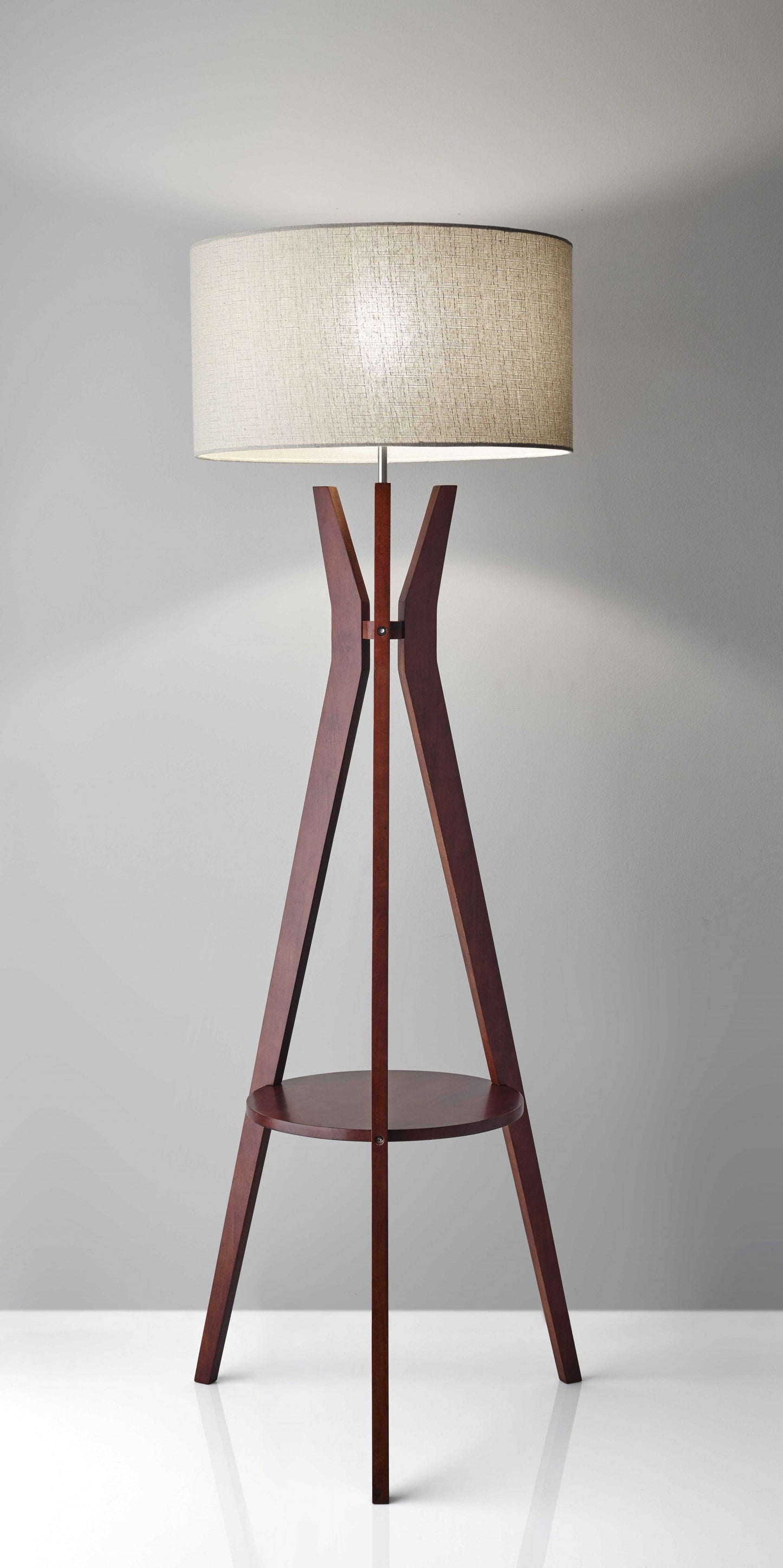 HomeRoots Floor Lamp Tripod Base With Shelf in Walnut Wood Finish