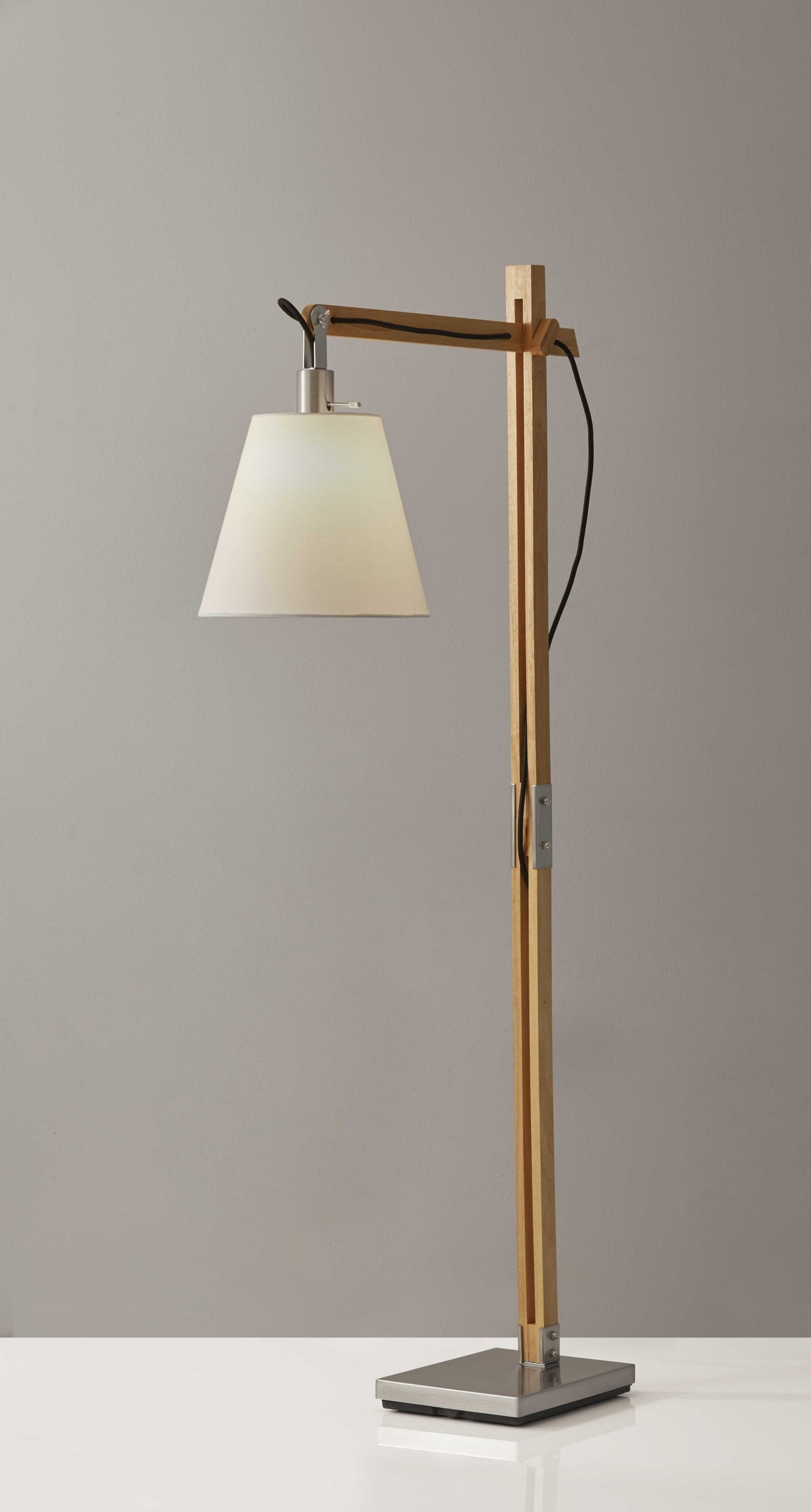 HomeRoots Floor Lamp With Adjustable Hinged Arm in Natural Rubber Wood Finish