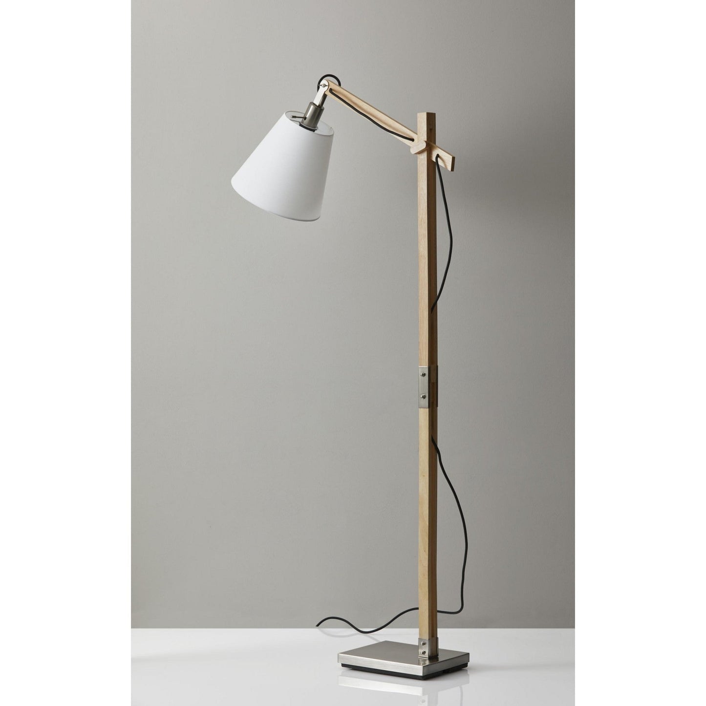 HomeRoots Floor Lamp With Adjustable Hinged Arm in Natural Rubber Wood Finish