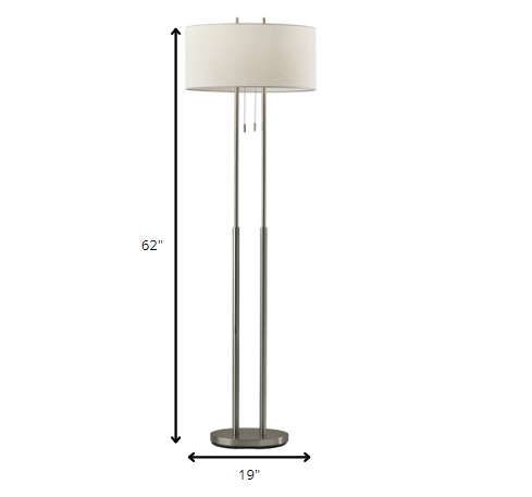 HomeRoots Floor Lamp With Dual Pole in Brushed Steel Metal Finish