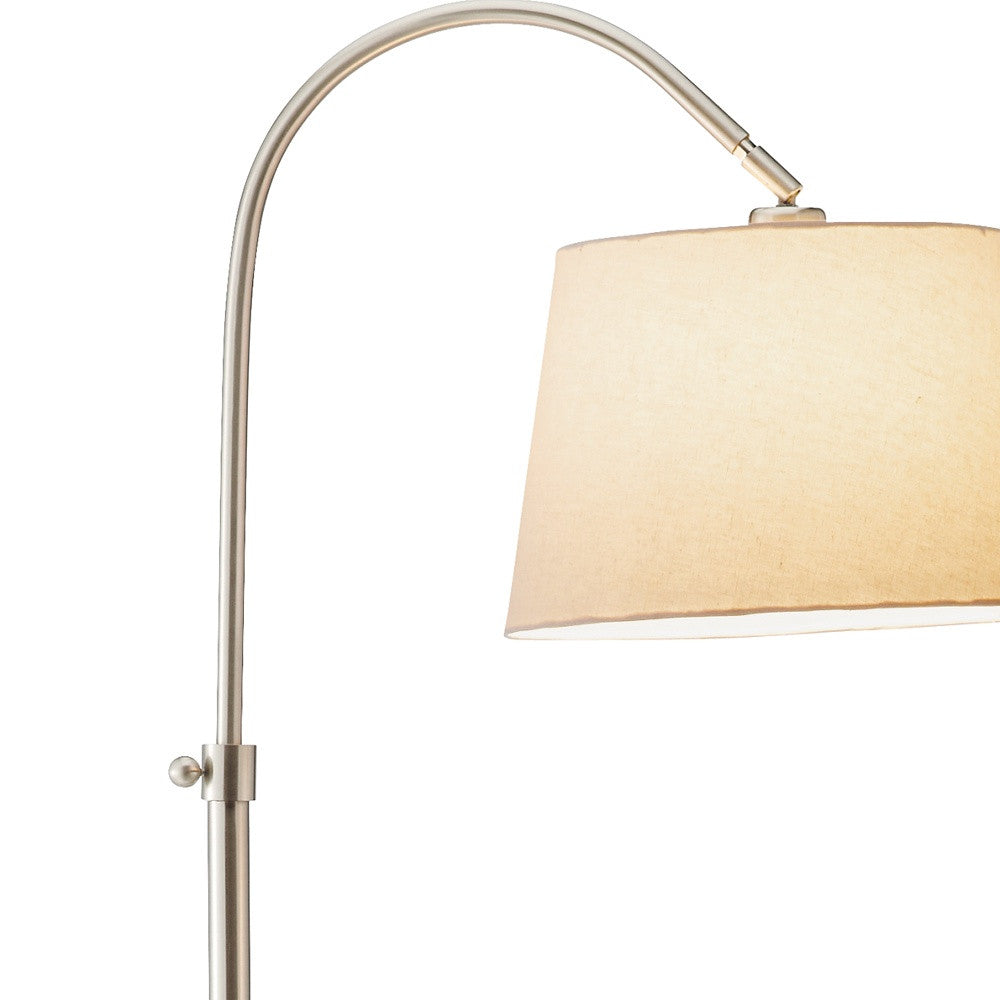 HomeRoots Floor Lamp with Adjustable Arc and Classic Linen Shade in Brushed Steel Metal Finish